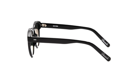 Side view of Savona sunglasses with black frame and green lenses